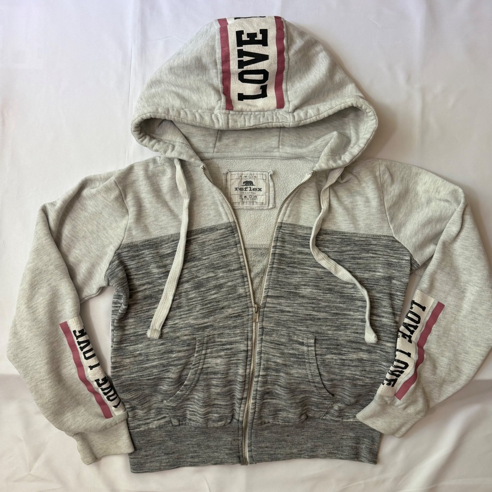 Reflex Women Grey Colorblock Love Graphic Zip Up Hoodie Sweatshirt Size Large